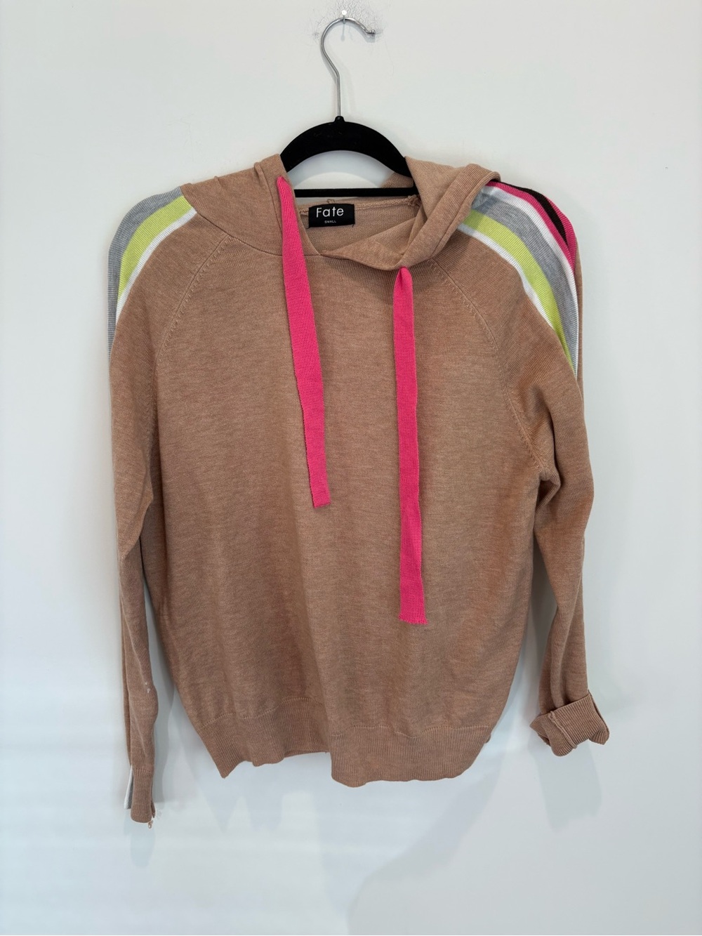 Fate Tan Hoodie Sweater with Pink Drawstrings and Multi-Stripe Shoulders